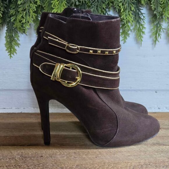 Size 8.5 De Blossom Collection Brown Gold Buckle Ankle Booties High Heels Shoes - Picture 9 of 16